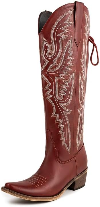 Atuelang Western Cowboy Boots for Women Knee High Wide Calf Lace Up Embroidered Cowgirl Boots - Image 3