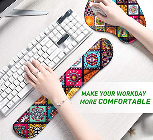 Mouse Pad with Wrist Support Ergonomic Gel, Keyboard Wrist Rest for Computer Keyboard with Raised Memory Foam for Desktop/Laptop/Notebook, Red Floral Colorful Mandala