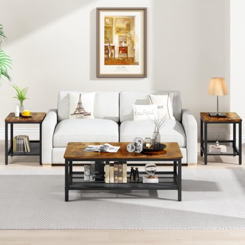 Image of 3-Piece Coffee Table and End Table Sets for Living Room, Industrial Coffee Table Set of 3 with Storage, Modern Farmhouse Rustic Living Room Table Set for Apartment Home Office