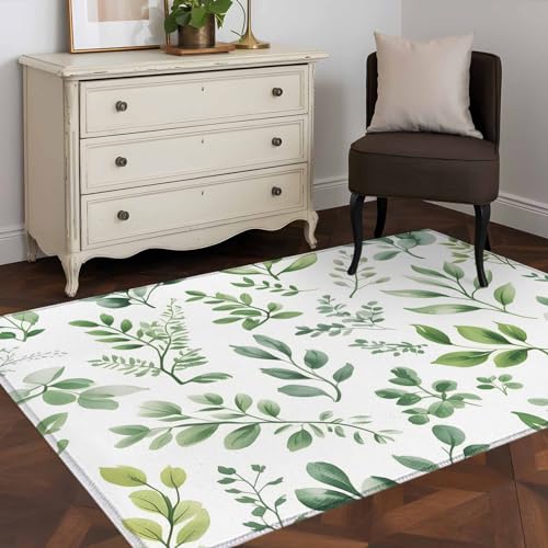 3x5 Machine Washable Small Bedside Rug, Eucalyptus Leaves Rugs for