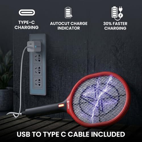 Image of Toreto Mosquito Bat, Mosquito Racket, Rechargeable, LED Torch, Type-C Fast Charging, Double Layer Safety Grill, Made in India | Electric Fly Swatter, Mosquito Killer Racquet Zappy 3 (Black+Red)
