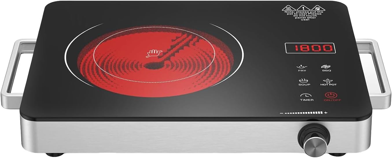 - Electric Cooktop,Portable Electric Cooktop 1800W Single Burner Stove with Plug,Hot Plate Countertop,110V-120V Infrared Burner,Child Safety Lock,Timer,Touch and Knob Control