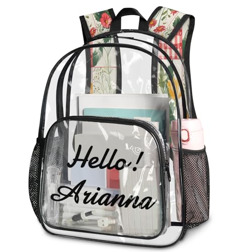 Floral Hibiscus Vine Hawaii Flowers Personalized Small Clear Backpack Heavy Duty for Stadium Approved Custom Colorful Flower PVC Transparent Backpack with Name See Through Bag for Concerts