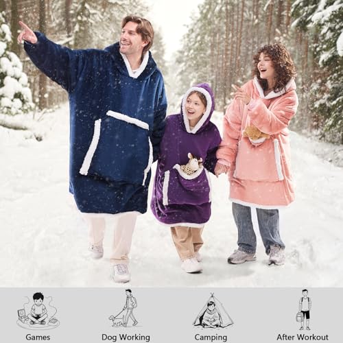 JOYWOO Purple Kids Wearable Blanket Hoodie, Oversized Cat lovers Hoodie Blanket for kids & Teens,Birthday Gifts for Girl Boys,Cozy Fuzzy Sherpa Fleece Blanket Giant Pocket Winter Gifts,Dark Purple