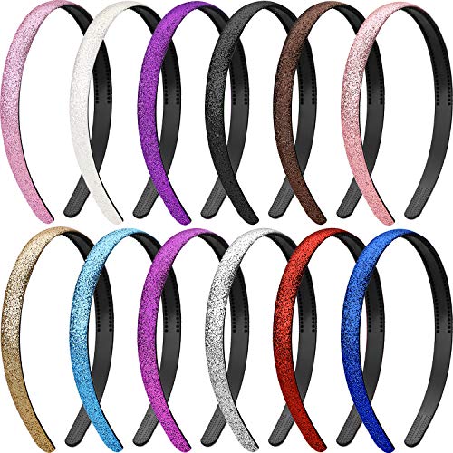 Pangda 12 Pieces Glitter Headbands Solid Plastic Hair Bands with Teeth Sparkling Hair Bands for Women Girls Favors, Assorted Colors