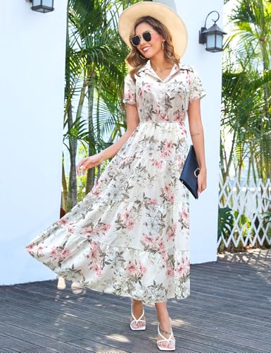 Image of Kranda Women 2026 Summer Collared V Neck Short Sleeve Button Down Chiffon Long Tiered Floral Maxi Dress with Pockets