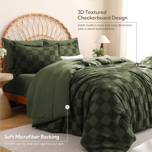 Image of MR&HM King Comforter Set 7 Pieces, Checkered Boho Bed Set Dark Olive Green | Farmhouse Vintage Bed with Plaid Geometric Design, All-Season Bed in A Bag Comforter with Sheets, Pillow Shams & Pillowcases