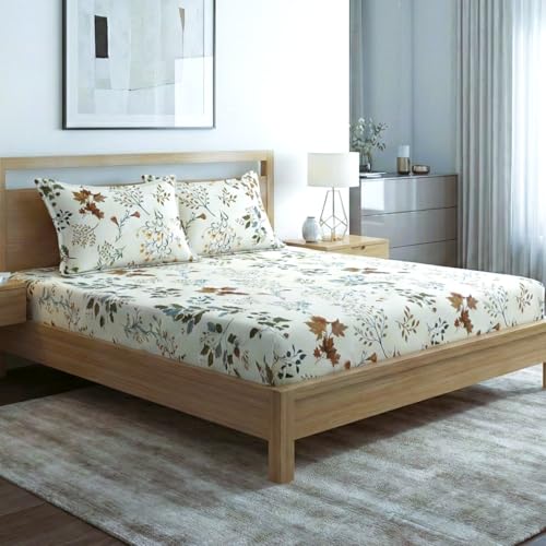 Image of Home Sizzler Microfibre Autumn Floral Printed All-Around Elastic Fitted King Size Bedsheet (72 X 78) with 2 Pillow Covers - White /Earthy Tones