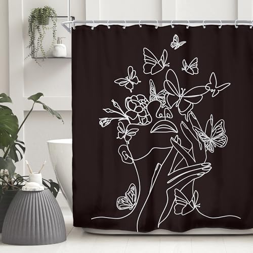 Black White Abstract Women Butterfly Flower Bathroom Shower Curtain Set