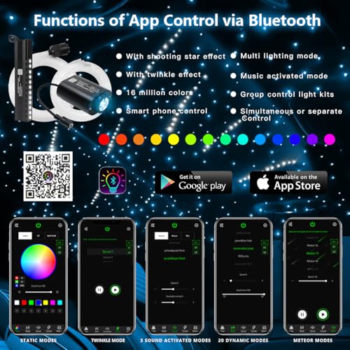 Image of AKEPO 6W Extremely Mini Twinkle Fiber Optic Starlights Headliner Lights Kit | 550pcs 13.1ft /4m End Glow Fibers Pure White Shooting Star Music Activated APP&Remote Control Star Light Kit for Car /Home