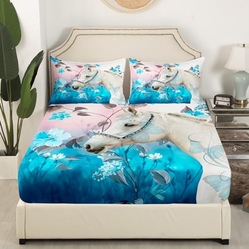 Image of White Horse Animal Bed Sheet Set 4 Piece,Fantasy Butterfly Wildlife Sheets Full Size Bed Set,Blue Flowers Rustic Bedding Set with Flat,Fitted Sheet,2 Pillow Cases