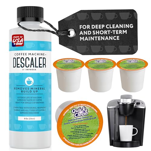 Image of IMPRESA Coffee Machine Descaler & Cleaning Bundle - Compatible with Keurig K-Duo & K-Cup Brewers - 8 Oz Descaling Solution & 4 Maintenance Pods - Coffee Machine Cleaning & Pot Care Kit