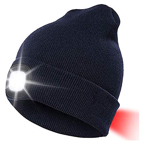 INHDBOX LED Mütze Kappe, Strickmütze mit USB Nachladbare Licht, Beleuchtung und blinkende Warnungs-Arten 8 LED, einfache Installation Vorne Hinten Scheinwerfer-Mütze, Unisex-Winterwärmer-Strickkappe