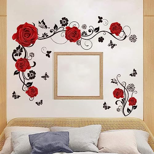 HGDESIGN® Wandtattoo Wandaufkleber Rot Rosen Blumenranke Wohnzimmer Schlafzimmer Wandsticker Wandbild Wanddeko Selbstklebend (Rot)