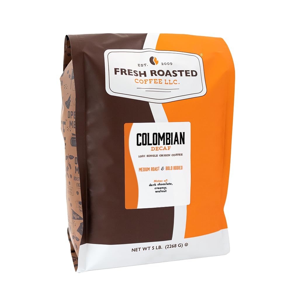 Fresh Roasted Coffee, 100% Colombian Decaf, 5 lb (80 oz), Medium Roast, Kosher, EA Natural Decaf, Whole Bean