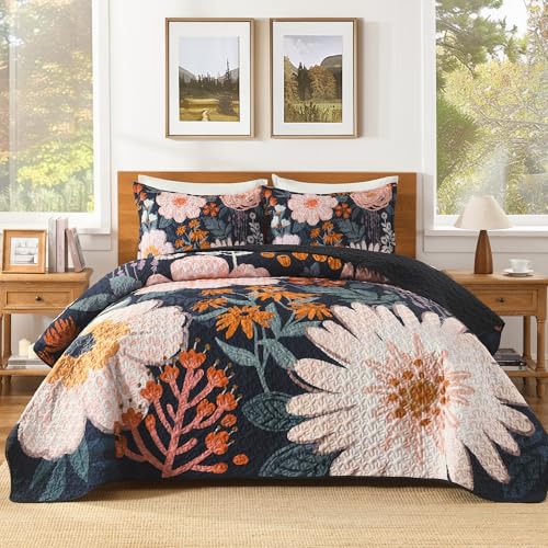 Image of Andency Floral Boho Quilt Super King Plus Size Bedding Set Navy Blush,3 Pieces Farmhouse Flower Botanical Bedspreads with 2 Shams, Soft Reversible Polyester Coverlet Set for All Season, 128 inchx120 inch