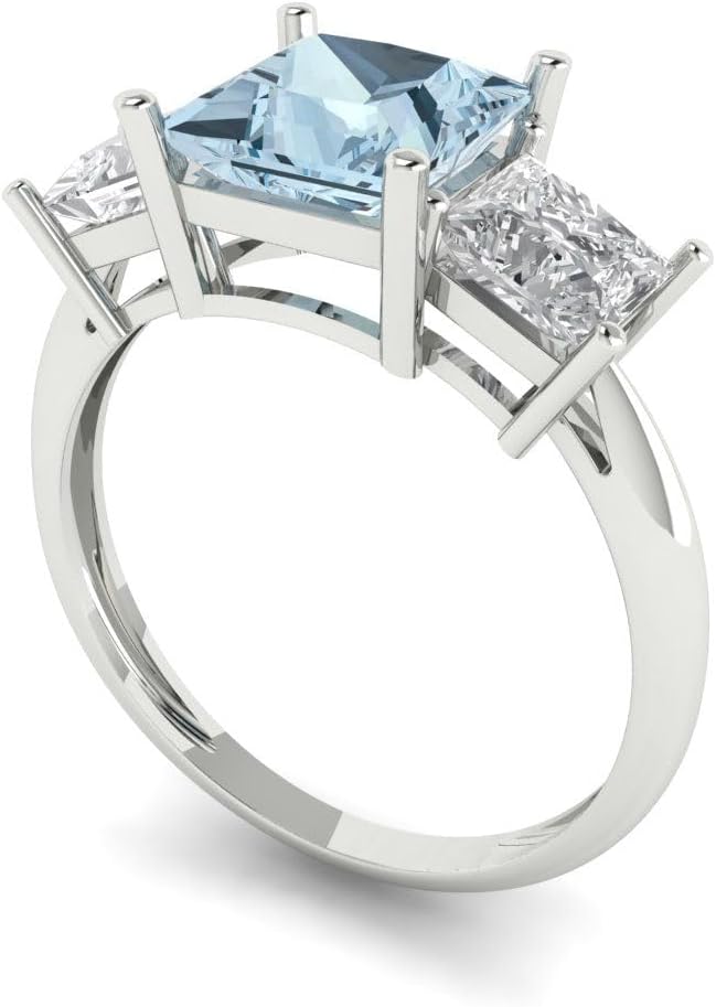 Clara Pucci Natural Aquamarine Princess Cut Three-Stone Ring | 14K Solid Gold | 2.50 cttw | Womens White Gold Fashion Jewelry