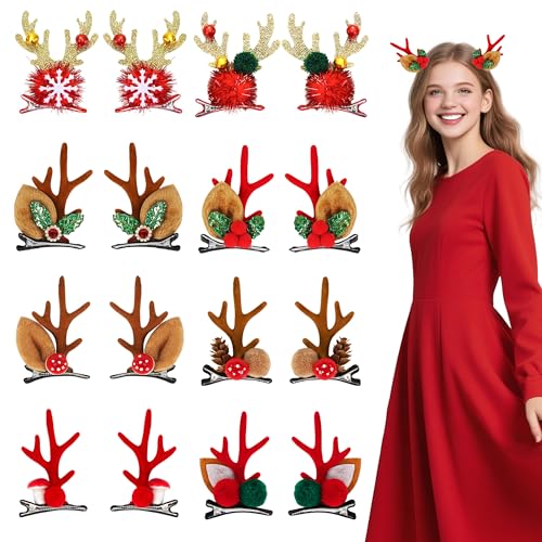 Image of 8 Pairs Christmas Hair Clip, Reindeer Antlers Headband Hairpins Antlers Ears Hair Accessory Cute Hairpins Christmas Hair Accessorieswith Plush Ball, for Yule Party