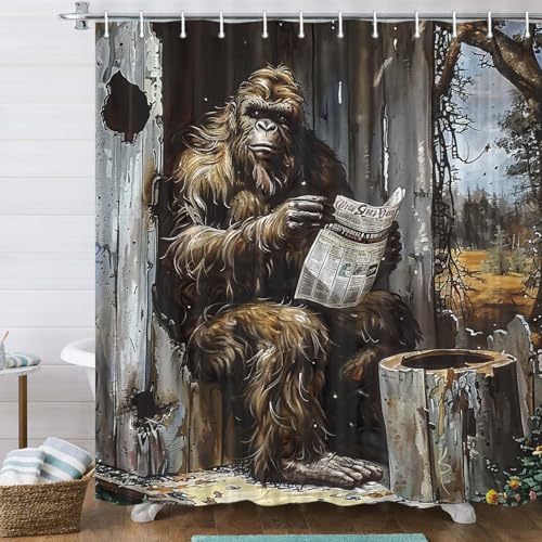 Grtuspr Funny Gorilla Shower Curtain Fancy Humor Chimpanzee Read Newpaper Animal Bathroom Sets Vintage Bigfoot Sasquatch with Rustic Wild Daisy Flower Retro Wooden Door Shower Curtains with Hooks
