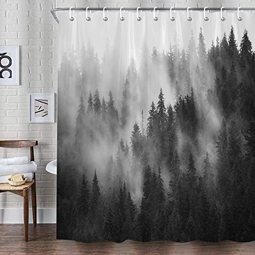 Dvikvmo Foggy Forest Shower Curtain Black and White Misty Trees Fantasy Fog Pine Nature Outdoor Theme Fabric Bathroom Set Hooks Included 70''Wx 70''H/180cm(W) x180cm(H)