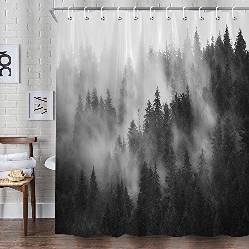 Dvikvmo Foggy Forest Shower Curtain Black And White Misty Trees Fantasy Fog Pine Nature Outdoor Theme Fabric Bathroom Set Hooks Included 70''Wx 70''H/180Cm(W) X180Cm(H) #TOP2
