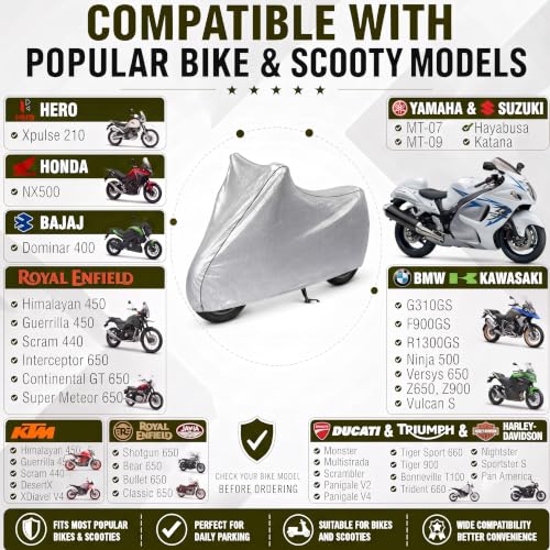 Image of Pivalo 100% Waterproof Bike Body Cover for All Cruiser & Adventure Super Bikes Above RE Size | Multi-Layer Dustproof & UV Protected | All Weather Protection Two Wheeler Motorcycle Cover (XXL, Silver)