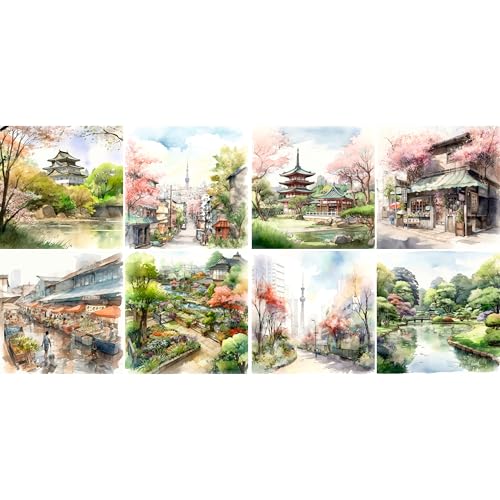 Tokyo Today - Papel de arroz, 29 x 29 cm, 8 diseños de acuarela para decoupage para collage, tarjetas y manualidades, decoupage CRAFT KREATIVELY