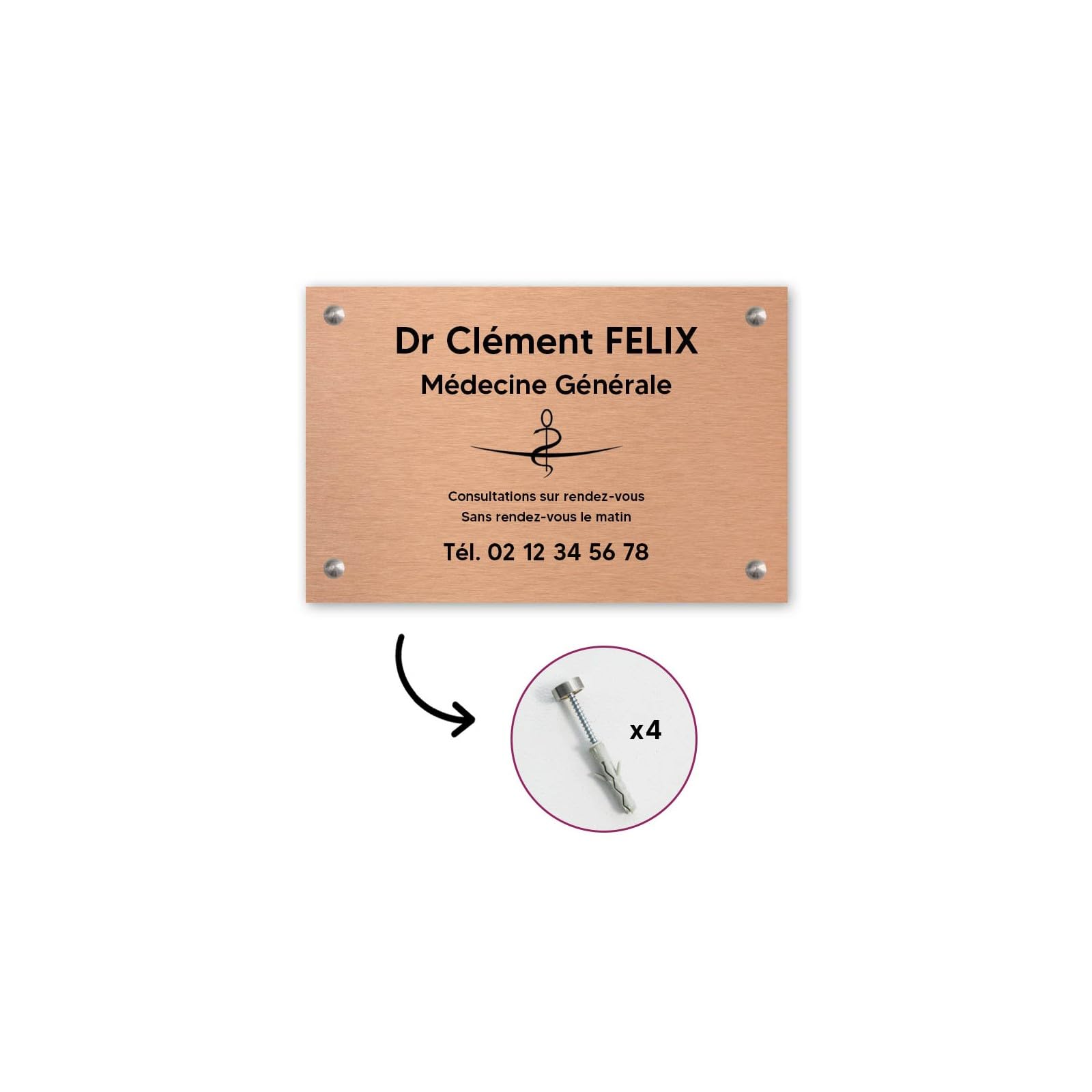 DECOHO - Plaque professionnelle personnalisée avec symbole en PVC pour médecin - Cuivre lettres noires Vis + chevilles + cache vis