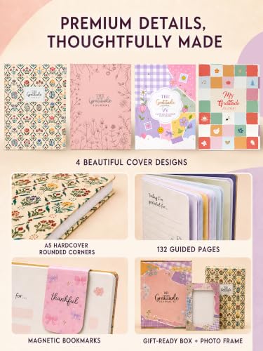 Image of DOODLE My Gratitude Journal Kit | A5 Hardcover Gratitude Journal | 132 Guided Pages for Daily Gratitude, Mindfulness & Self-Care | Wellness Journal with Premium Gift Box, Photo Frame, Magnetic Bookmarks & Inspirational Stickers (Blooming Grace)