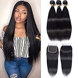Aushow Brazilian Straight Bundles with Closure (14 16 18 with 12 Inches) Free Part 9A Unprocessed Virgin Hair Bundles with Lace Closure Human Hair Extensions Natural Color