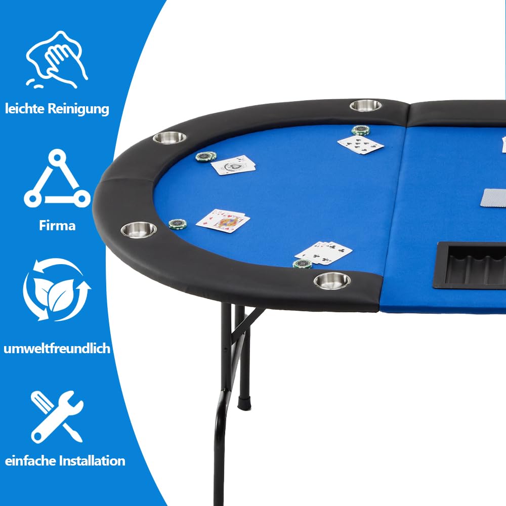 Mingone Oval Pokertisch Klappbar 208x106 cm mit Getränkehalter aus Edelstahl, gepolsterte Armauflage blau