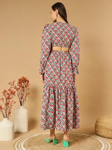 Kzully Women's Crepe A-Line Maxi Casual Dress (Sfs-2001-Red-Kaju Katli-M-Print_Red-Floral