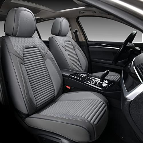 Coverado Car Seat Covers Full Set 5PCS, Waterproof Leather Seat Covers for Cars, Protector Seat Cushions Universal Fit for Most Vehicles, Sedans, SUVs, Trucks and Vans (Pleated Pattern, Gray)