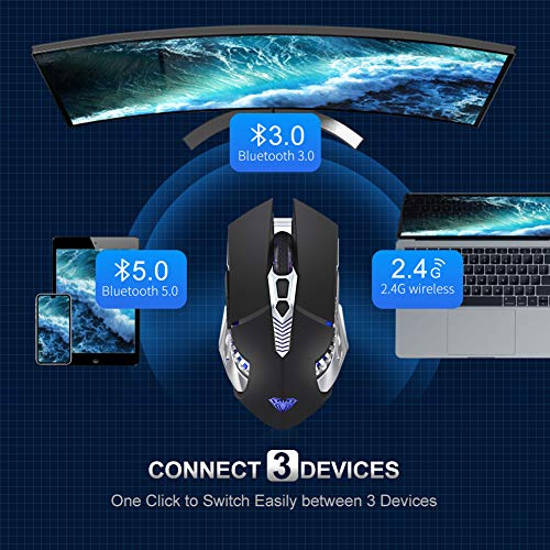Aula Sc200 Bluetooth Mouse, Rechargeable Wireless Gaming Mouse, With Side Buttons, Rgb Led Backlit, Multi-Device (Bt5.0+Bt3.0+2.4G) Computer Cordless Mouse For Pc/Mac Laptop, Tablet, Desktop, Black #TOP1