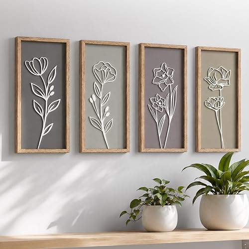 3D Wooden Floral Bathroom Wall Decor (Set of 4) Lightweight, Ready-to-Hang Framed Wall Art For...