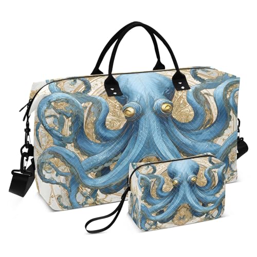 Weekender Bags Travel Duffel Gym Bag Blue Octopus Carry on Overnight Tote Bag with Toiletry Bag for Airplane Travel Trip Gym Yoga