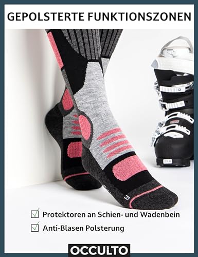 Occulto 2 Paar DAMEN SKISOCKEN mit POLSTERUNG in verschiedenen Farben, THERMO WINTERSOCKEN für SKI und SNOWBOARD 1 Paar Türkis | 1 Paar Weiß 39-42
