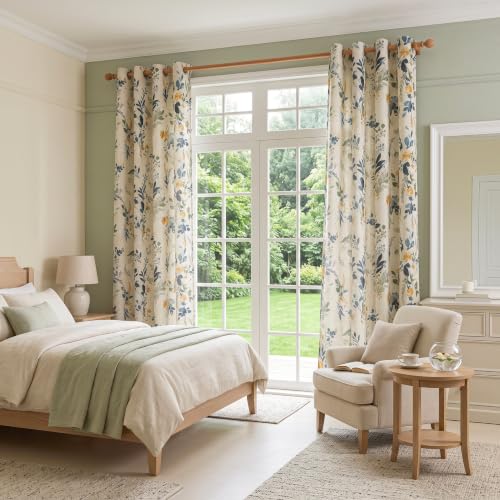 Image of MYSKY HOME Floral Linen Curtains 63 inch Length 2 Panels Set Patterned Semi Sheer Light Filtering Privacy Farmhouse Grommet Drapes for Bedroom Small Window, Yellow and Blue, 52 inch Wide Each Panel