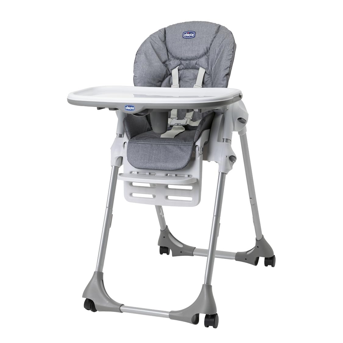 Regulowane wysokie krzesełko Polly Easy dla dzieci w wieku 6 miesięcy do 3 lat (15 kg), wysokie krzesełko z regulowaną wysokością i podnóżkami, 4 koła, składane - Grey Melange