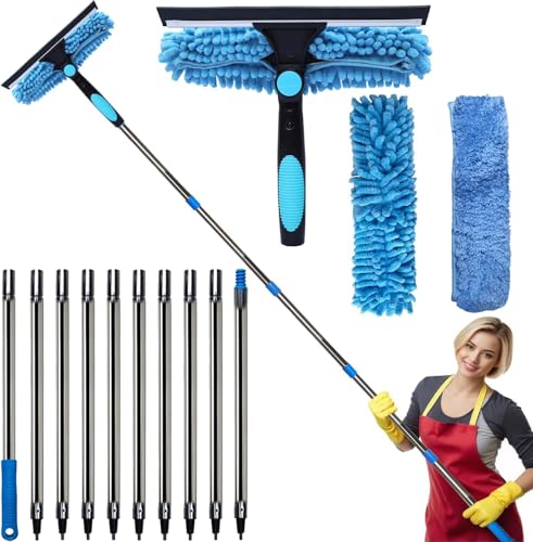 Image of 20+ Feet Reach Blue 2 in 1 Window Washing Squeegee & Duster with 3-14 ft Spliceable Extension Pole / / Window Cleaning Tool & Window Washer Squeegee for Home Indoor Outdoor Window Washing