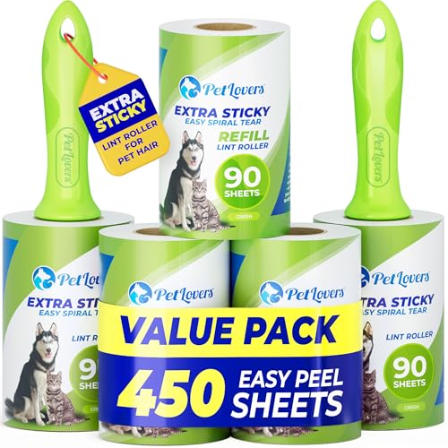 Image of PetLovers Extra Sticky Lint Roller Mega Value Set 450 Sheets for Pet Hair Removal and Clothes, Dog and Cat Lint Remover 5 Pack Green