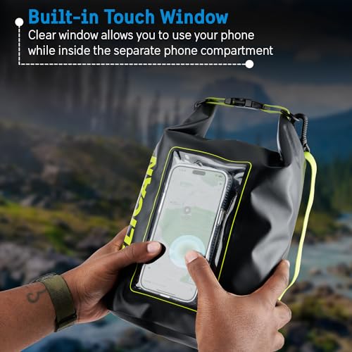 Image of Pelican Marine IP68 Waterproof Dry Bag 5L w /Phone Pouch /Case - Black /Yellow | Roll Top Waterproof Backpack with Touchscreen Phone Pouch - Swimming, Kayaking, Camping, Rafting, Fishing & Travel Essentials