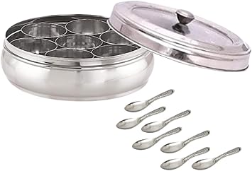 Satre Online and Marketing Stainless Steel transparent Lid Spice Box, Belly Shape with Notch, 7 Spice Containers with 7 Small Spoons Size No. 13