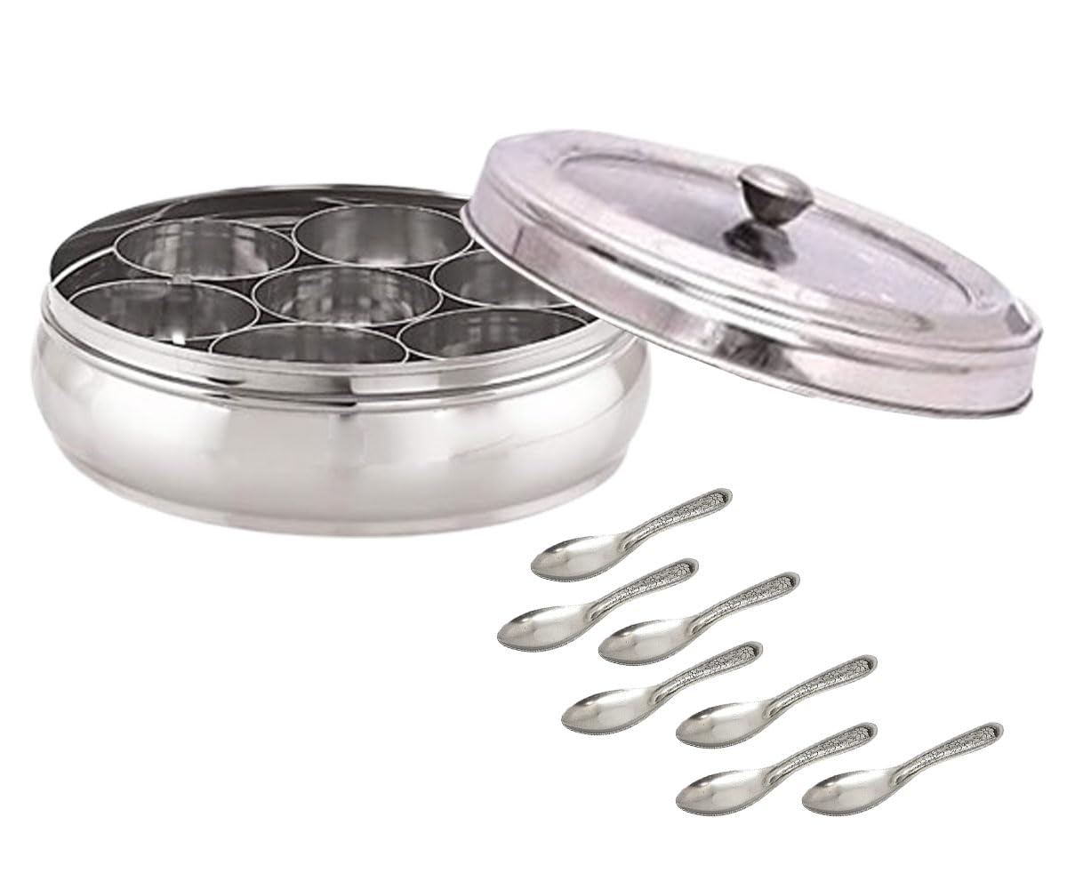 Satre Online And Marketing Silver Stainless Steel Transparent Lid Spice Box, Belly Shape With Notch, 7 Spice Containers With 7 Small Spoons (Size No. 13)