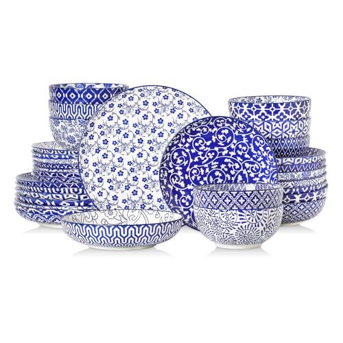 Image of Selamica Ceramic Plates and Bowls Sets,32 Pieces Dinnerware Sets for 8,Scratch Resistant Dish Set for family gathering,Dishwasher & Microwave Safe, Vintage Blue