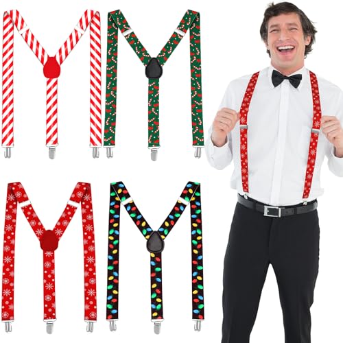 Liitrsh 4 Pcs Christmas Suspenders Unisex Suspenders, Y Back Style Adjustable Button Suspenders Elastic Suspenders Christmas Accessories for Women Men Party Christmas Wearable Supplies, 4 Styles
