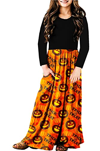 Image of Kids Girl Halloween Pumpkin Dress Party Funny Long Sleeve Jack O Lantern Orange Dresses 9-10 Years
