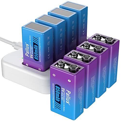 Pallus 8 Pack 9V Rechargeable Batteries, 850mAh Long Lasting 9 Volt Li-Ion Batteries with 4-Bay 9V Battery Charger Quick Charge, 2000 Cycles