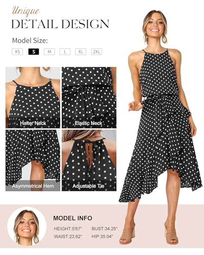 Image of ECOWISH Polka Dot Women Summer Dresses Casual Midi A Line Ruffle High Low Sleeveless Boho Floral Halterneck Cocktail Sundress