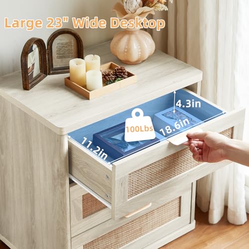 Image of LEYAOYAO Rattan Night Stand with Drawers, 23 inch Large 3 Drawer Boho Nightstand, Grey White Bedside Table Storage Cabinet, Bed Side End Tables Dresser for Bedroom, Living Room, Hallway, Closet